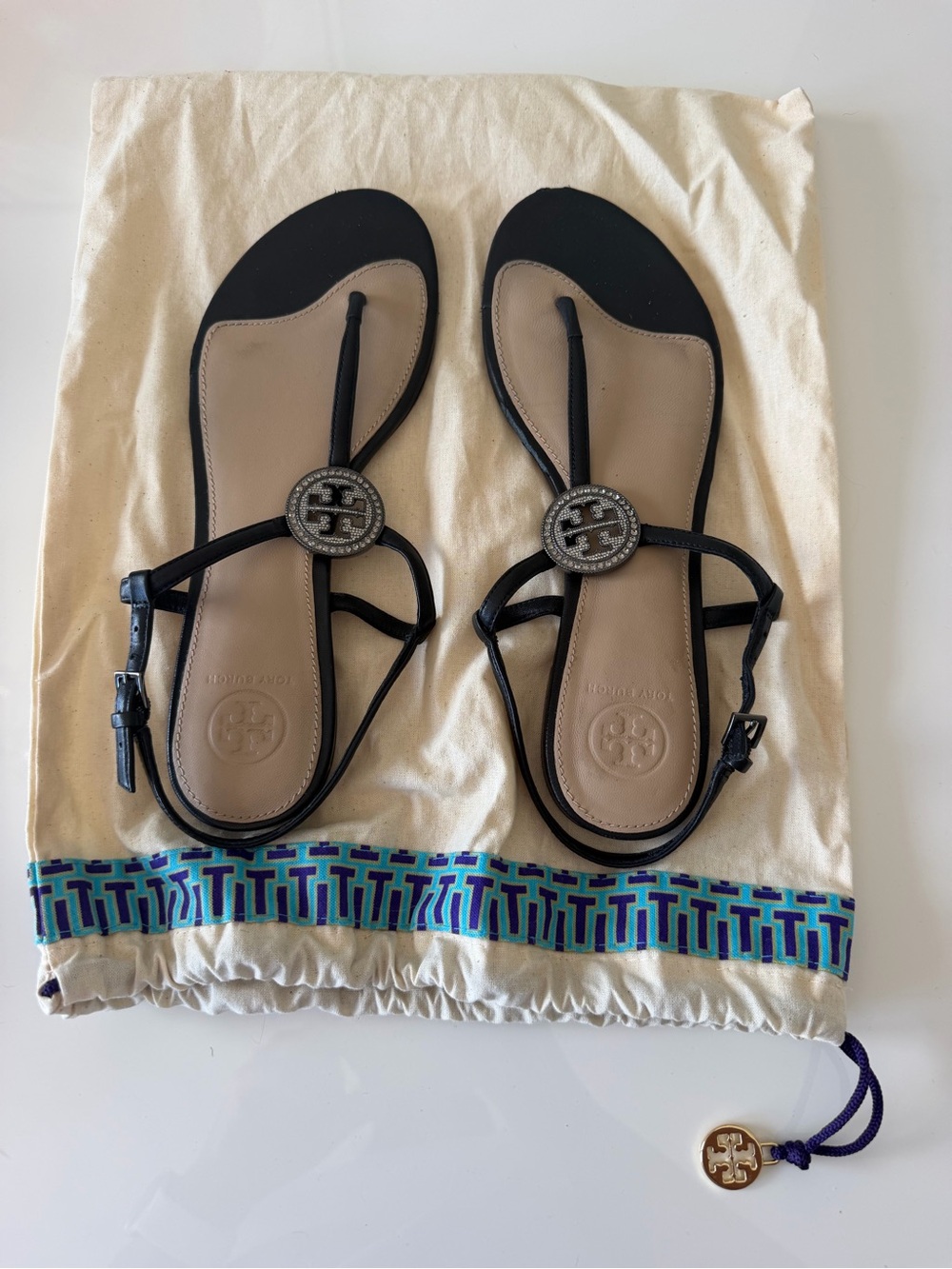 Tory Burch Black and Taupe Logo Toe-Ring Sandals with bling
